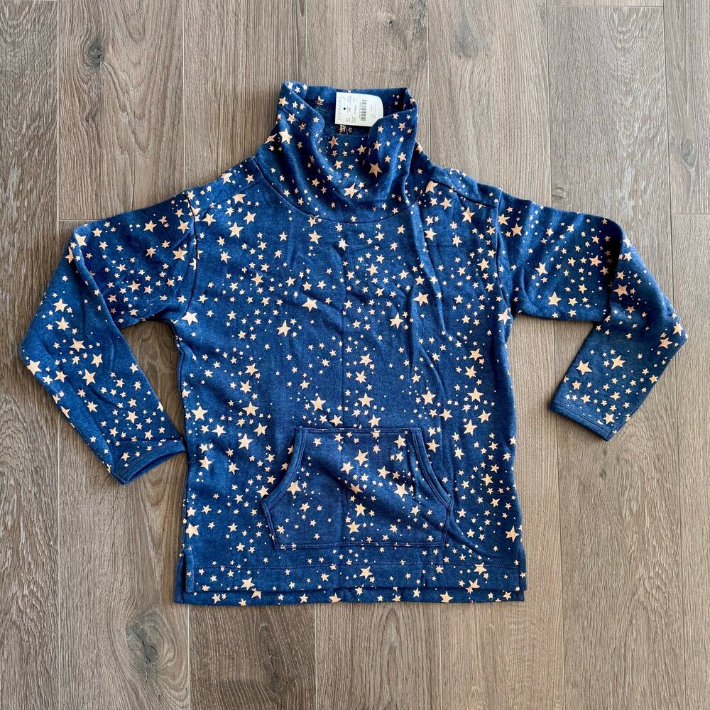 JCrew tunic sweatshirt foil stars funnelneck blue gold girls large 10/11 NEW